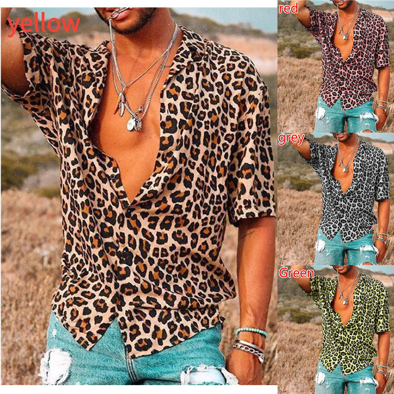 Men's Fashion Leopard Print Short Sleeve 2025 Casual rendy P