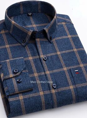 ure Cotton en's laid Shirt Long Sleee egular Fit en Casual O