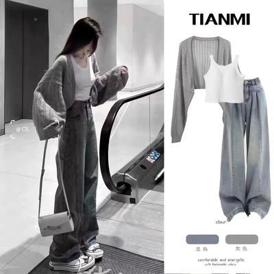 女童秋装套装2026新款开衫背心初中大童运动休闲炸街牛仔裤三件套