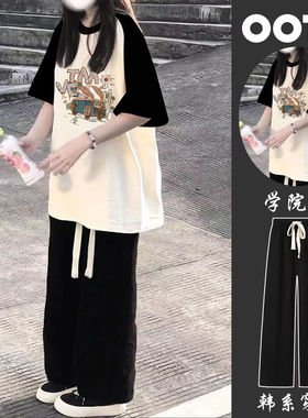 女童夏装2026新款套装洋气网红大童短袖时髦学院风时尚运动两件套