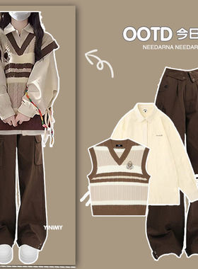 法国女童秋冬套装2025新款洋气衬衫马甲女孩学生时髦休闲工装裤炸