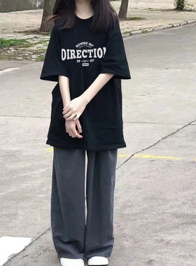 女童夏季套装新款中大童2025网红炸街女孩洋气时髦短袖宽松直筒裤