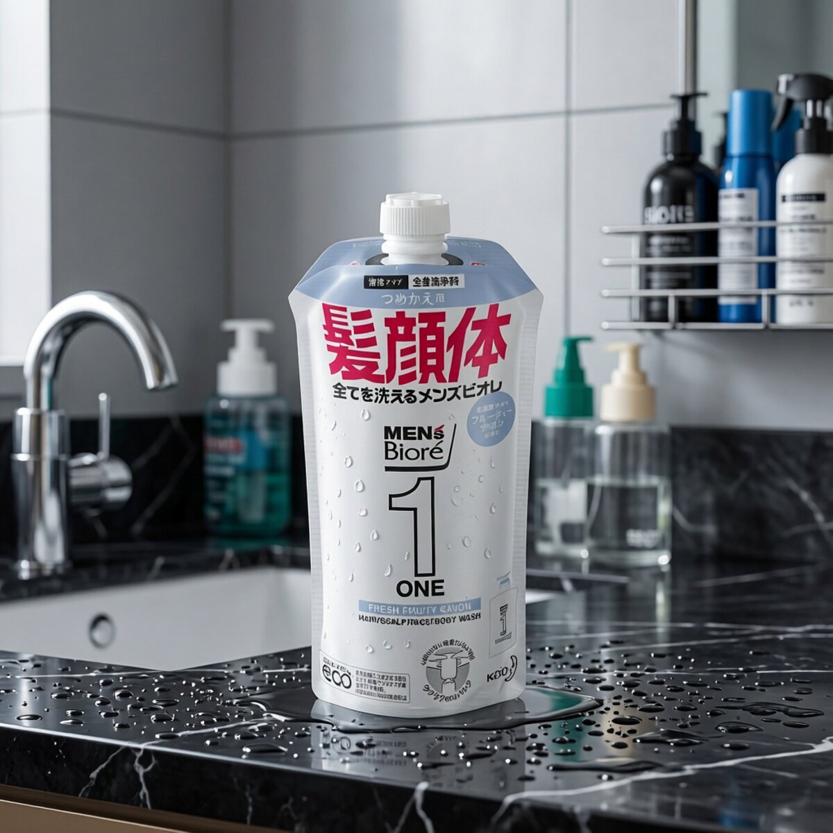 花王MEN's发体颜果香蓝色男士多合一洗发洗面沐浴一体补充装340ml