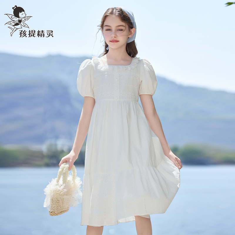 女童纯棉白色连衣裙夏装新款洋气礼服裙中大童薄款裙子儿童公主裙