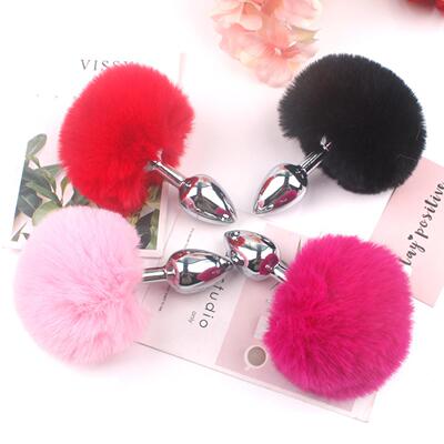 CRabbit tail metal fur ball anal plug husband and wife sex p