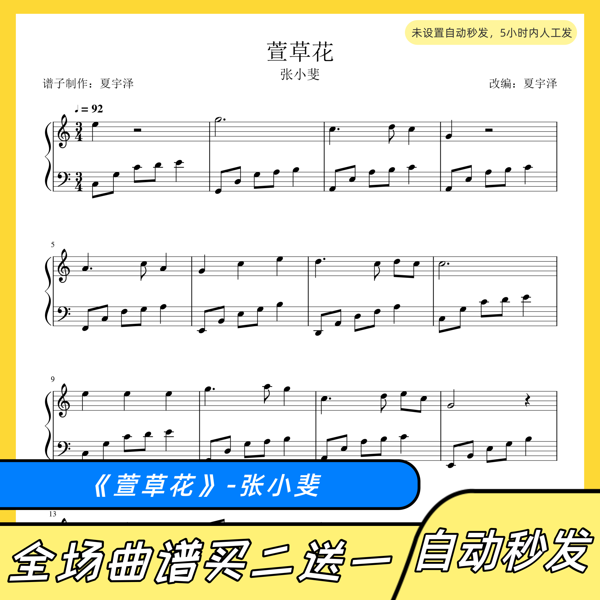 萱草花 钢琴谱 五线谱 电子版 独奏 正谱 张小斐 c/d