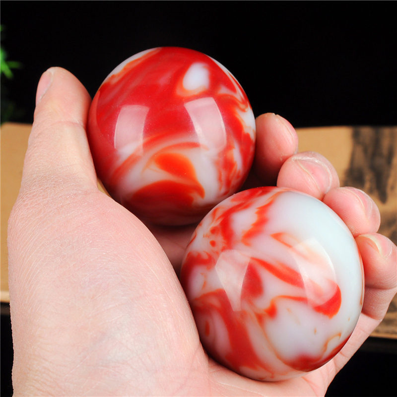 青峰玉业玉器新疆和田金丝玉 鸡血飘花玉手把件彩玉手玩件圆球 红