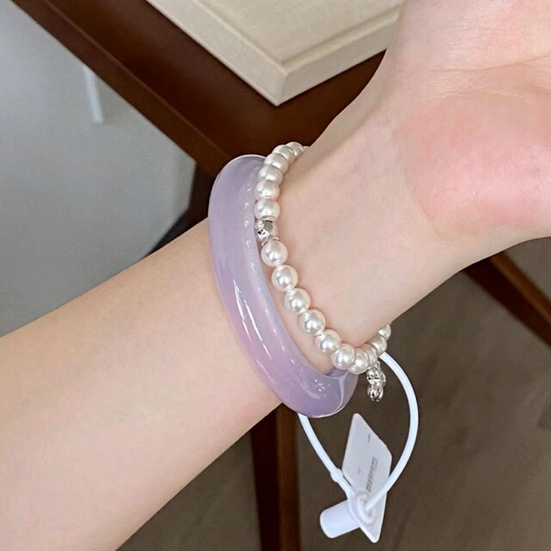 纯天然紫罗兰玛瑙手镯女款冰飘紫冰种玉镯子高冰淡紫色多样性发一