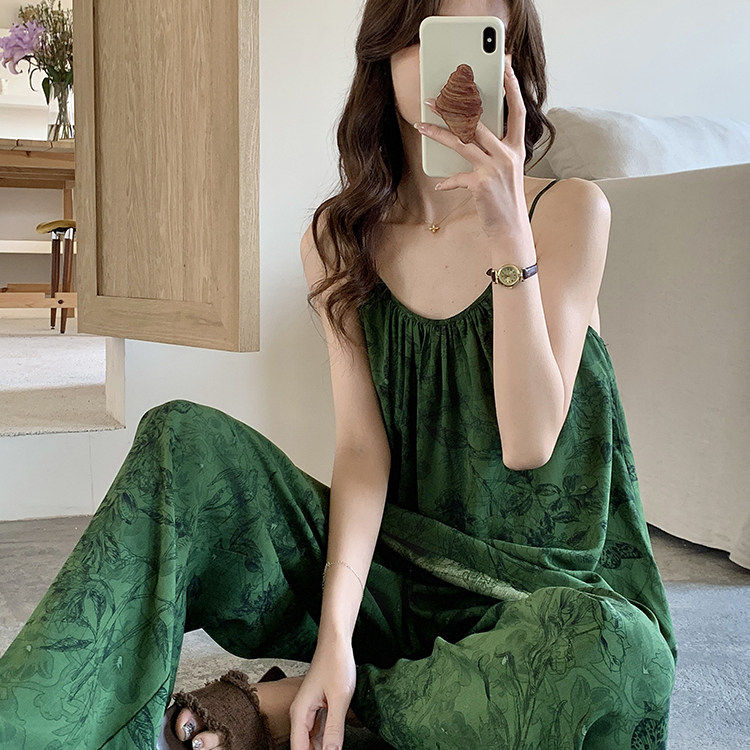 英国RMXJ 性感吊带长裤睡衣女套装夏季纯棉绸家居服加长高个子薄