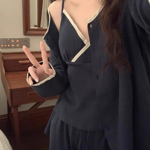 英国RMXJ睡衣女春夏韩系简约撞色甜美蕾丝花边带胸垫吊带三件套