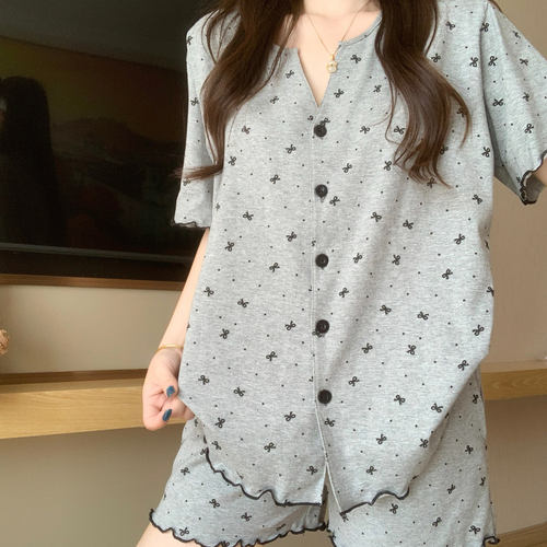 英国RMXJ蝴蝶结纯棉睡衣夏季短袖短裤全棉套装夏天家居服可外穿