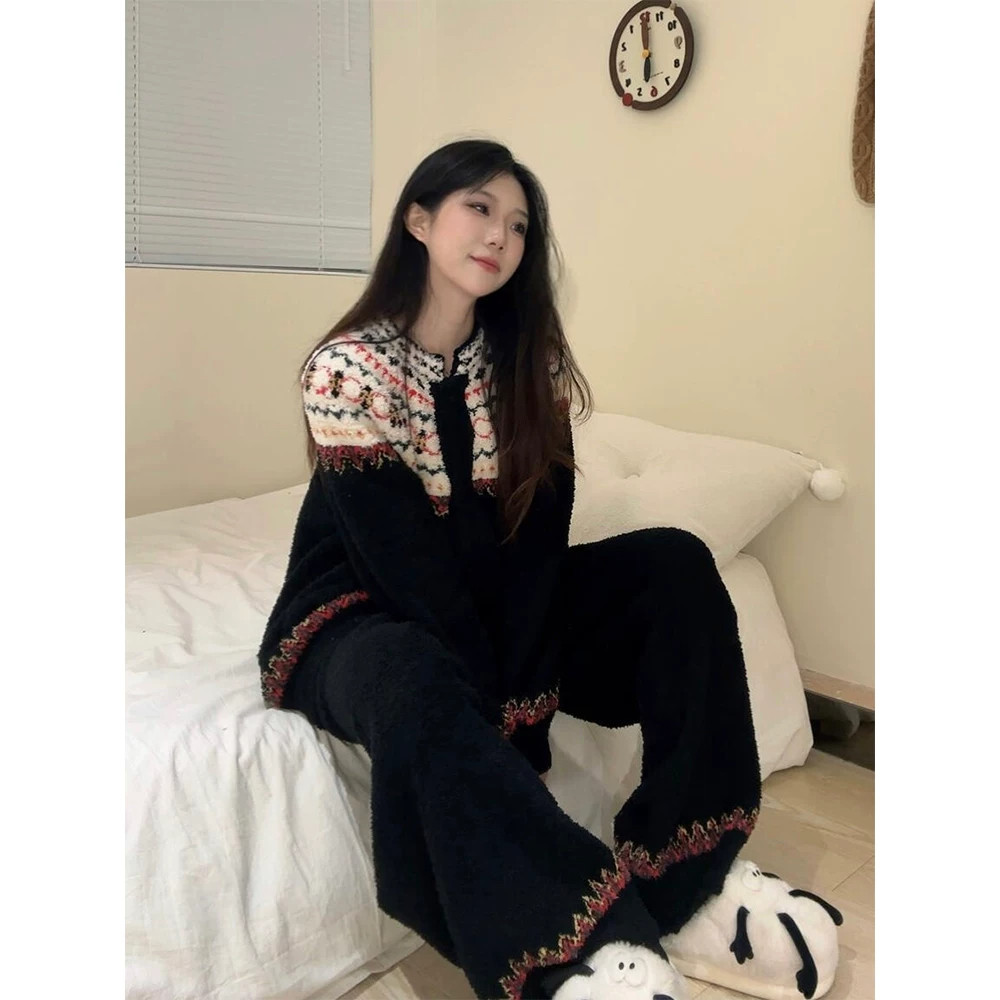 英国RMXJ可爱少女名族风半边绒睡衣秋冬款加厚保暖家居服可外穿