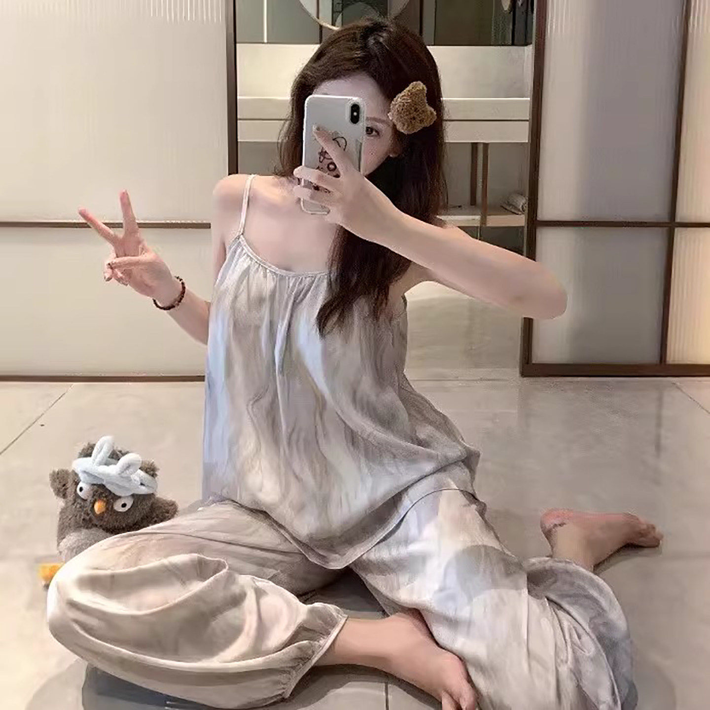 英国RMXJ 新中式夏季吊带长裤睡衣女2026新款冰丝胸垫家居服套装