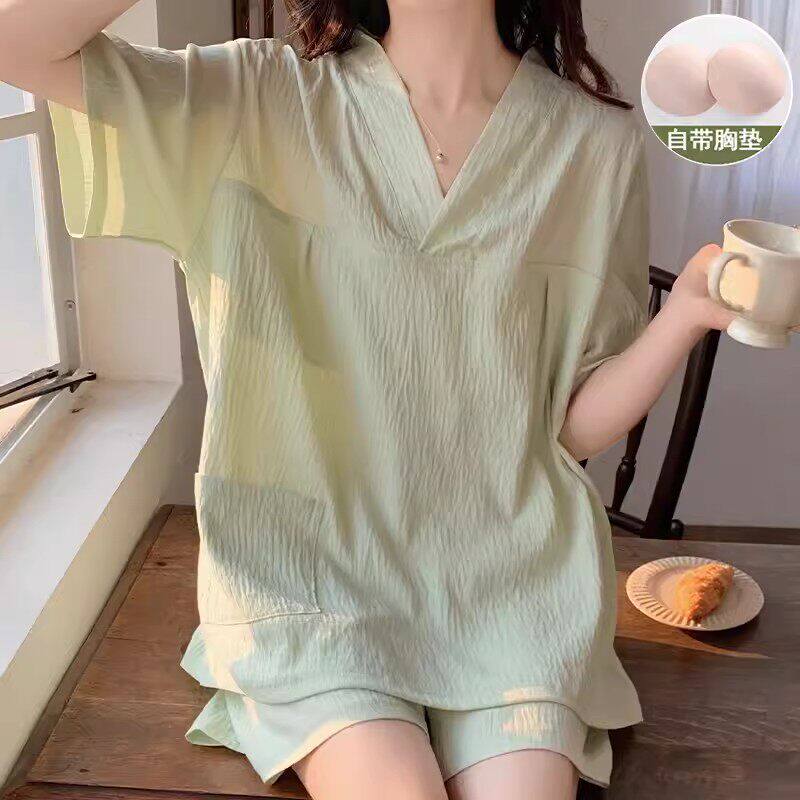 英国RMXJ 睡衣女款夏季云朵棉短袖带胸垫洗浴桑拿浴衣新款家居服