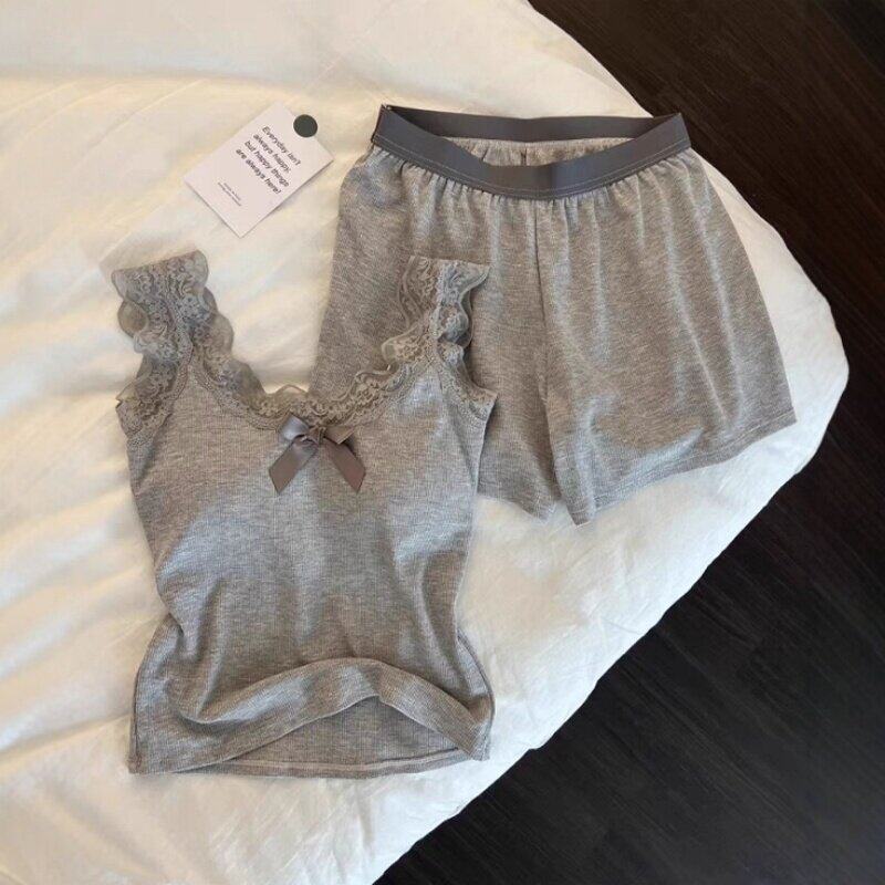 英国RMXJ 带胸垫睡衣女性感夏灰色高级感蕾丝边吊带短裤家居服