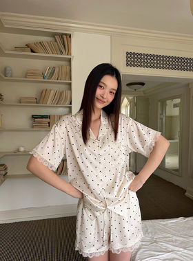 英国RMXJ法式浪漫复古波点俏皮缎面蕾丝边睡衣短袖短裤家居服套装