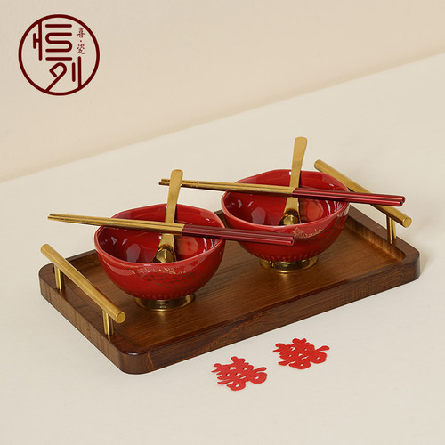 恒列结婚礼物喜碗筷套装红色对碗