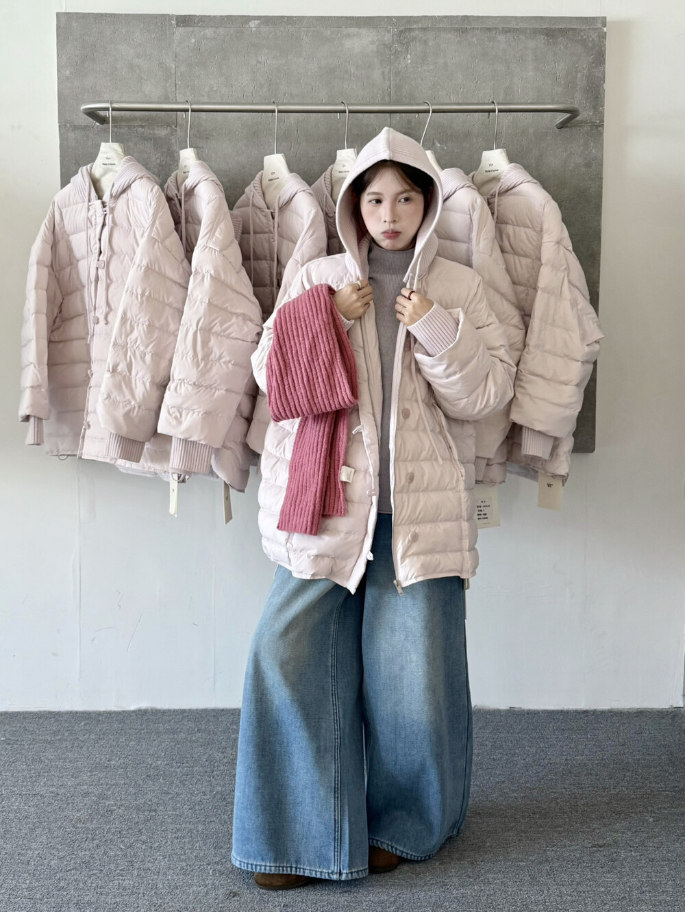 2025冬季新款韩系90白鹅绒针织连帽中长款羽绒服外套女保暖面包服