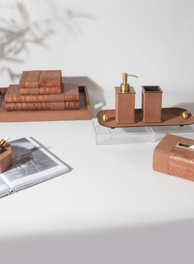 MODERN极简轻奢样板间卫生间橙色皂液瓶口杯纸巾盒托盘组合摆件