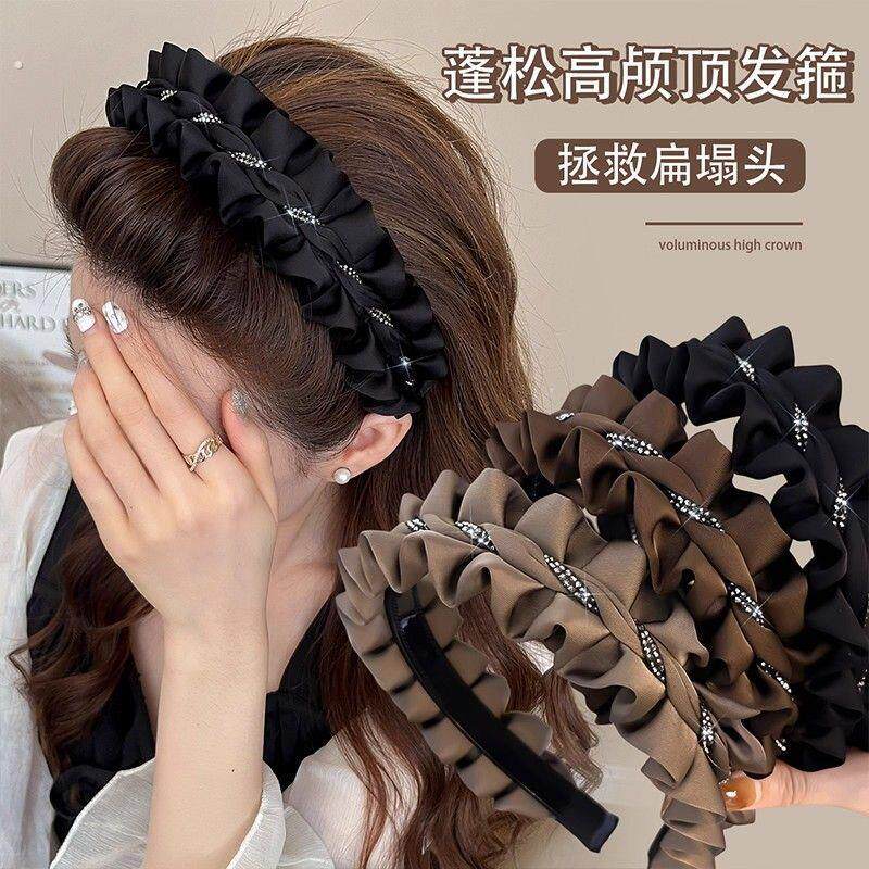 闪钻褶皱发箍女款高颅顶宽边波浪防滑压发头箍外出百搭发夹头饰