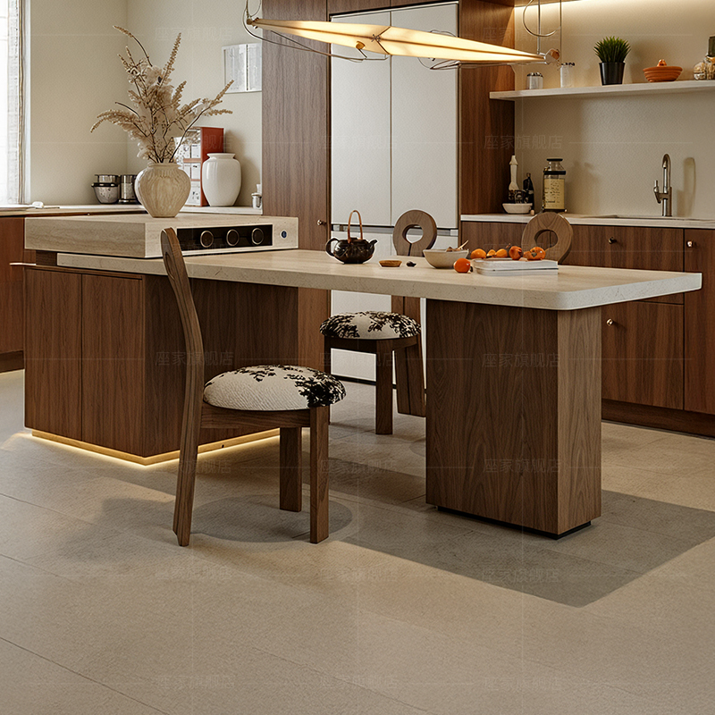 座家洞石岩板岛台餐桌带电磁炉