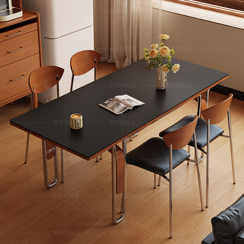 座家岩板餐桌法式覆古风实木长方形不锈钢包豪斯黑色吃饭小桌子