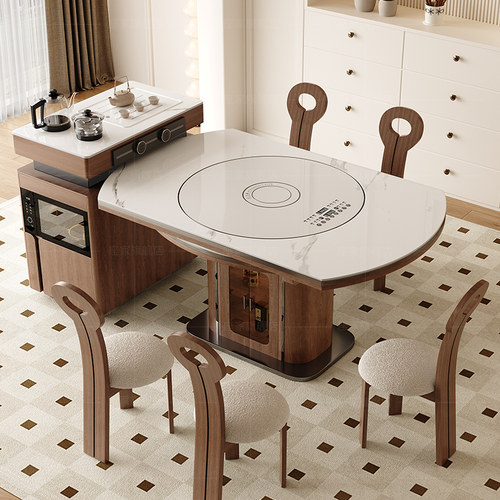 座家智能岛台餐桌一体家用法式覆古风暖菜转盘实木可伸缩折叠圆桌