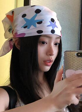 古早复古星星方巾女春夏季新款辣妹包头巾多用百搭丝巾抹胸围脖潮