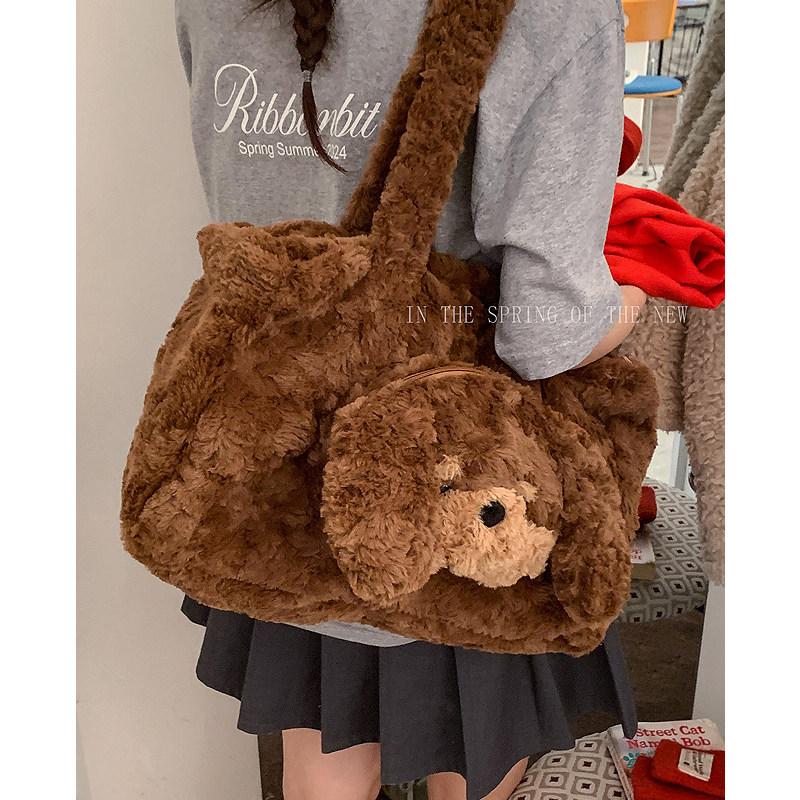 可爱小熊毛绒包2026春夏新款通勤大容量韩系学生双肩包百搭托特包