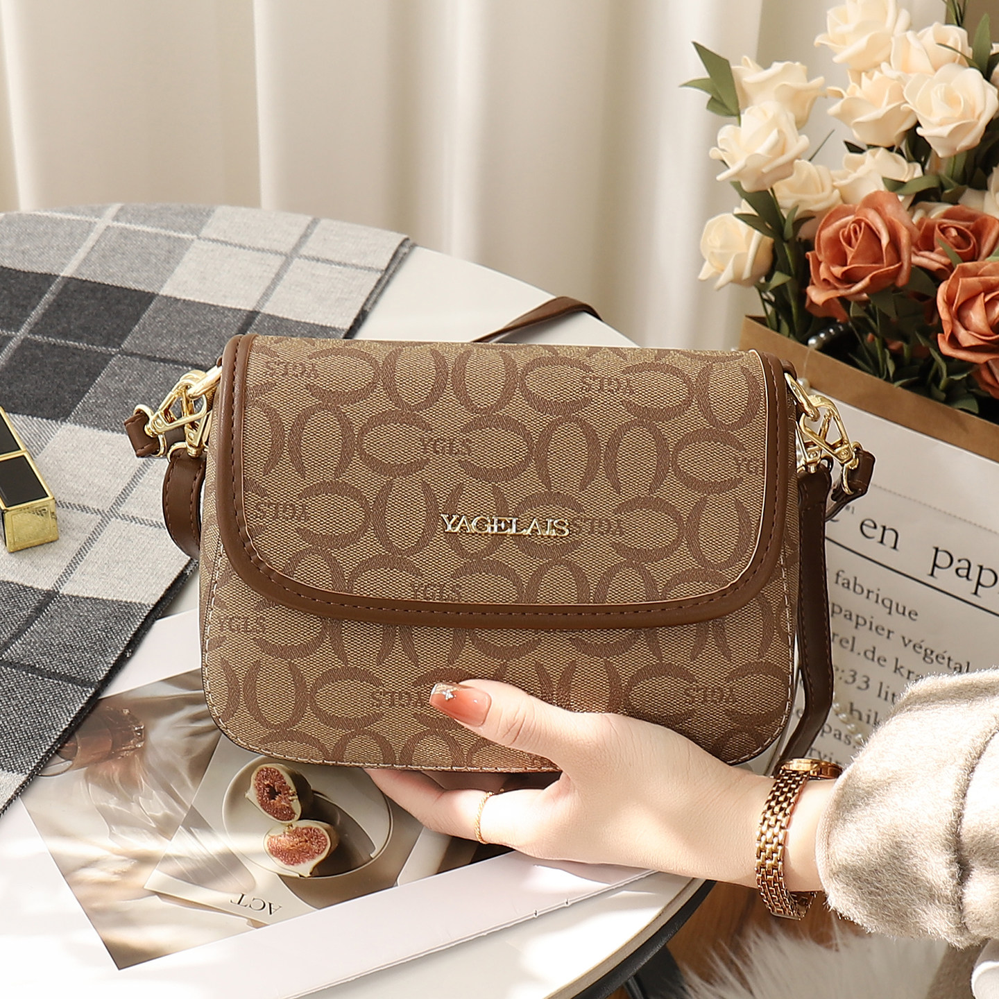 复古印花小方包女2026新款经典圆环单肩斜挎包高级感百搭通勤女包