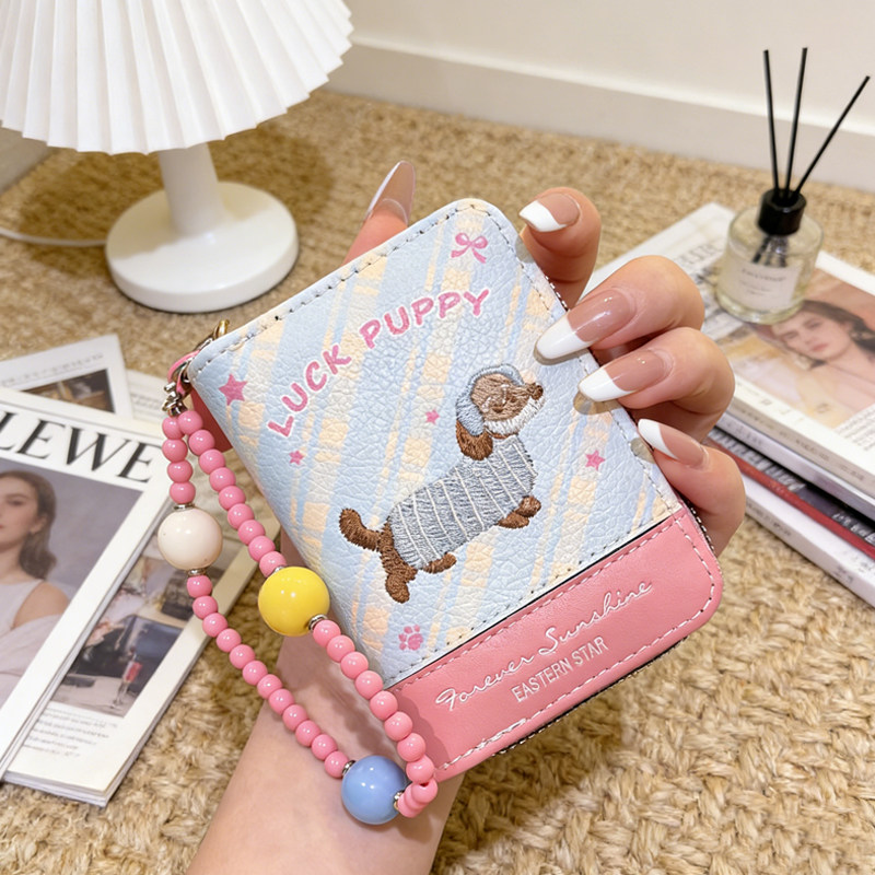 撞色腊肠狗刺绣卡包女2026新款手机挂坠风琴卡包多卡位零钱证件包