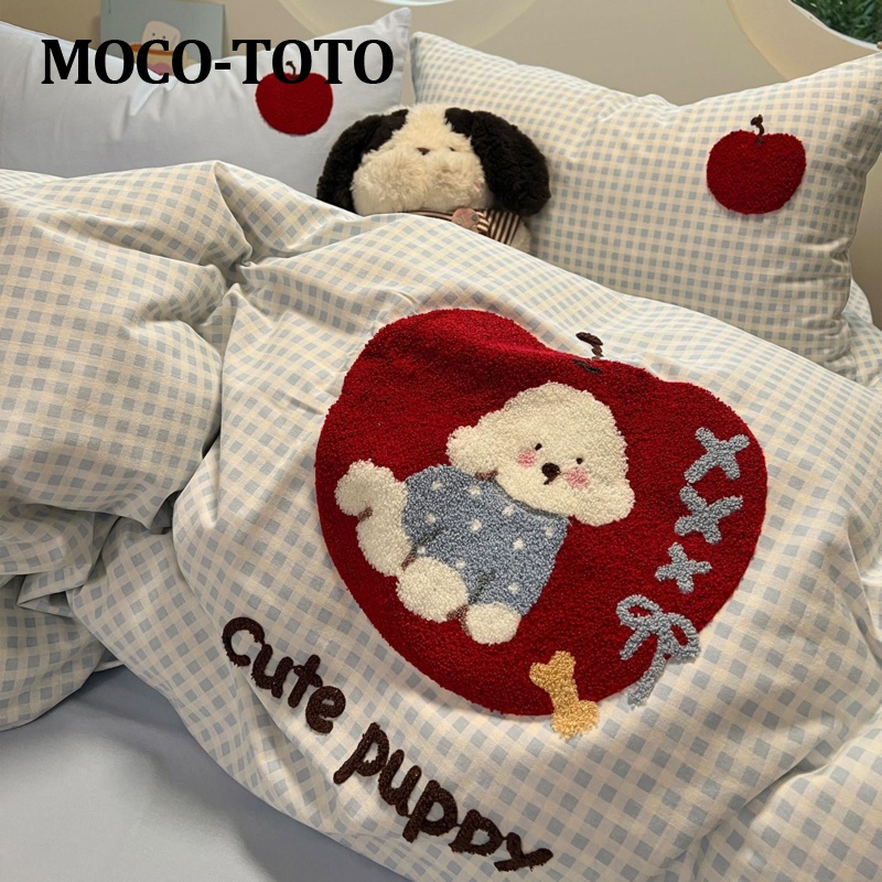 MOCO-TOTOA类苹果狗毛巾绣全棉加厚磨毛四件套秋冬款纯棉被套床单