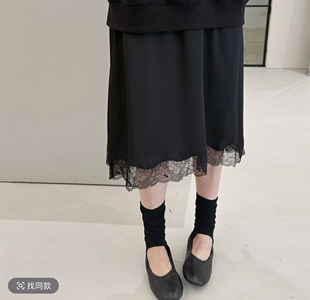 widelia2026春季韩系黑色气质女蕾丝拼接半身裙优雅显瘦长裙7019