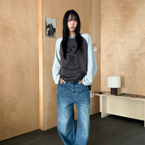 TABLE-侧口袋工装牛仔裤高腰宽松阔腿垂感直筒拖地长裤牛仔裤9651
