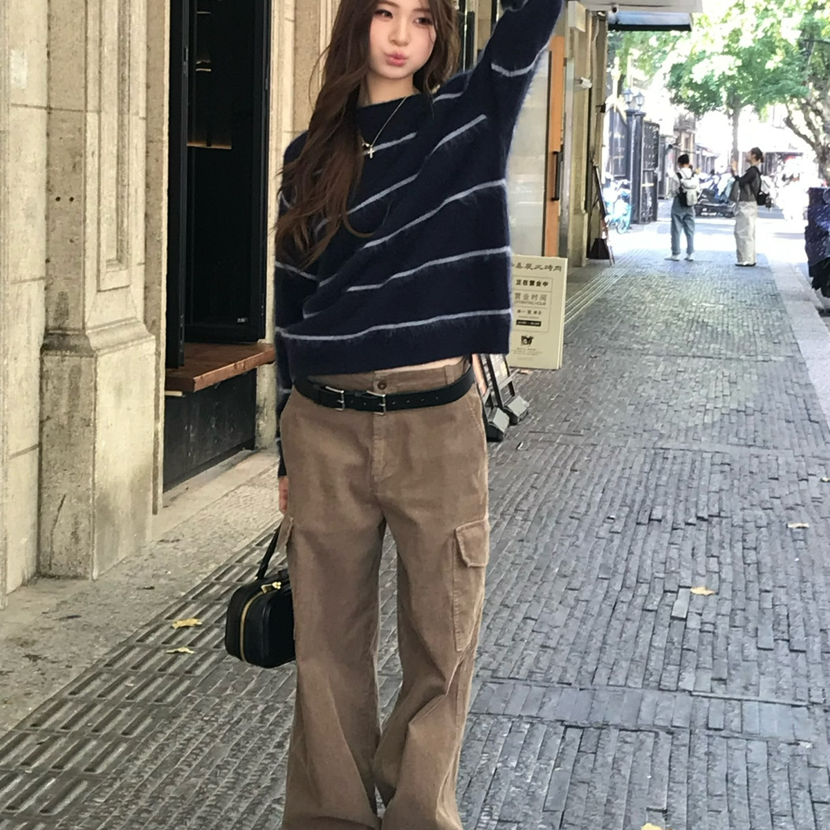 TABLE-条纹马海毛毛衣女秋冬软糯长毛宽松圆领套头针织上毛衣6737