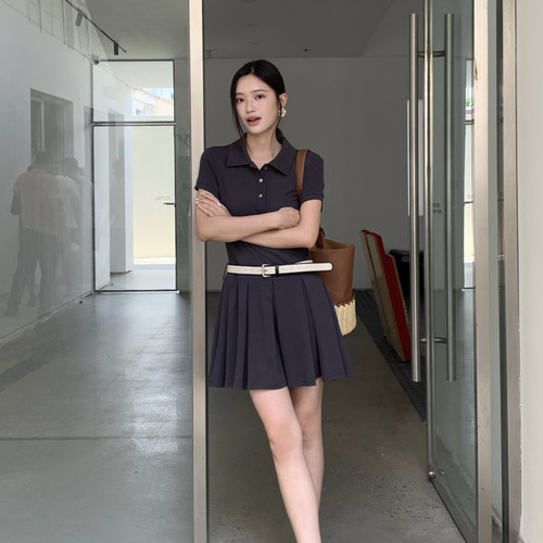 F.THREE三姐妹-Polo领元气减龄短袖百褶短裙连衣裙配腰带)96238