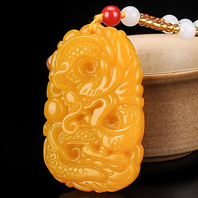 和田色黄玉籽料玉龙吊坠男款生肖龙玉牌女士项链黄龙玉石挂件