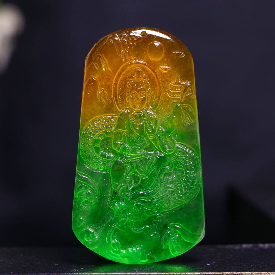 彩色御龙观音男女款菩萨保平安吊坠完美高冰精工雕刻石英岩仿真玉