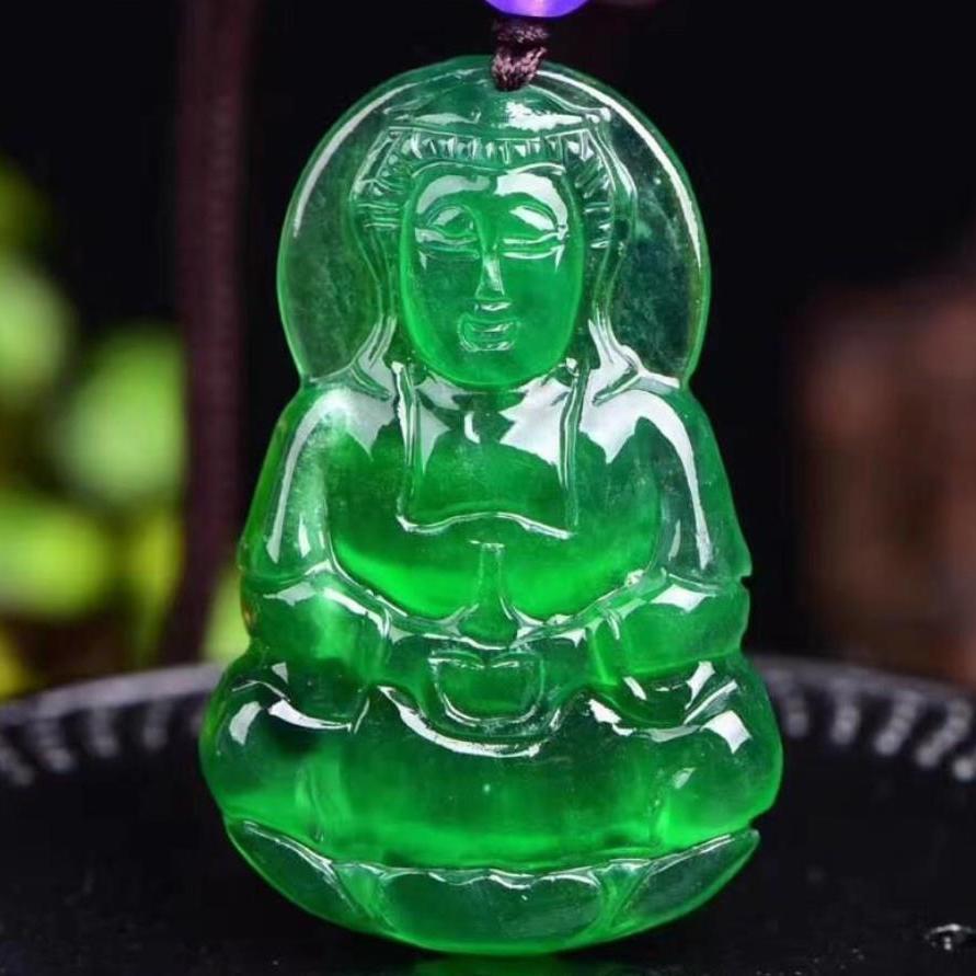 高冰佛公观音吊坠项链男款帝王绿仿真玉 挂件冰种石英岩玉仿真玉