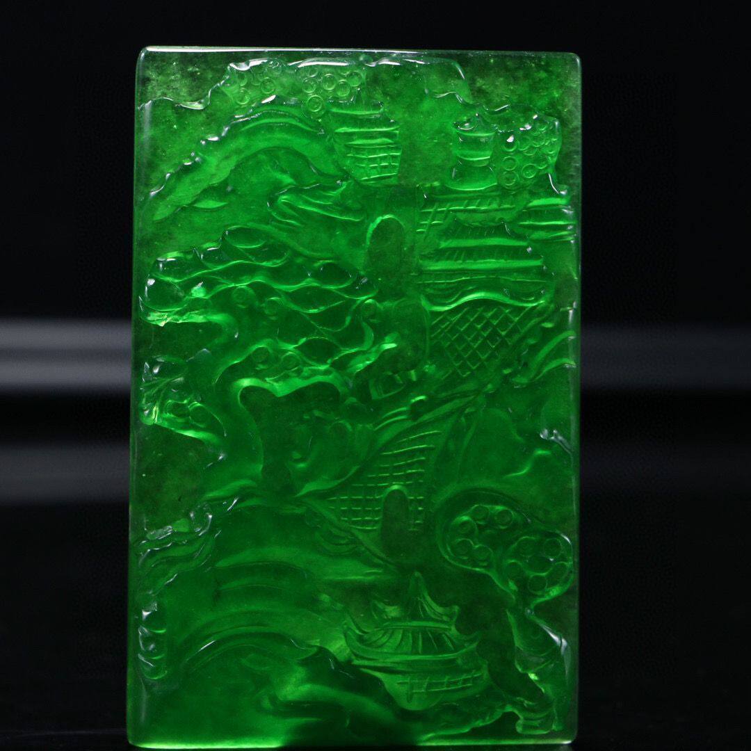 玉石山水牌子冰种绿色挂件山水花鸟图帝王绿吊坠石英岩
