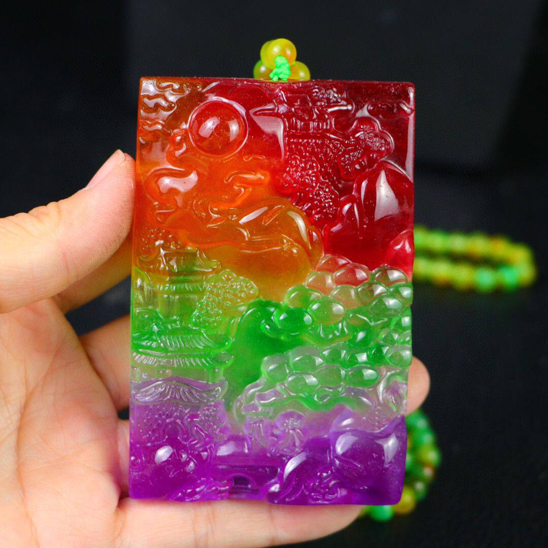 完美高冰精工雕刻【山水牌】精美饰品送链子送盒子文玩饰品