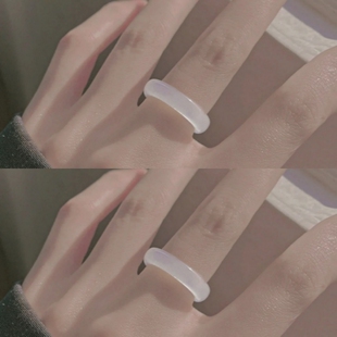 天然高冰种玛瑙戒指荔枝冻白茶清欢玉石素圈情侣款对戒尾戒