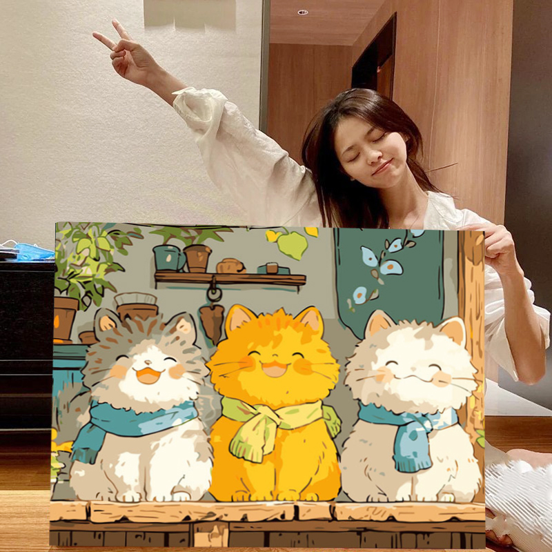 可爱猫咪数字油画手工diy填色卡通丙烯手绘填充涂色装饰油彩画图片