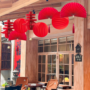 马年红色折扇纸扇装饰扇花店铺新年装饰场景布置2026背景墙装饰品