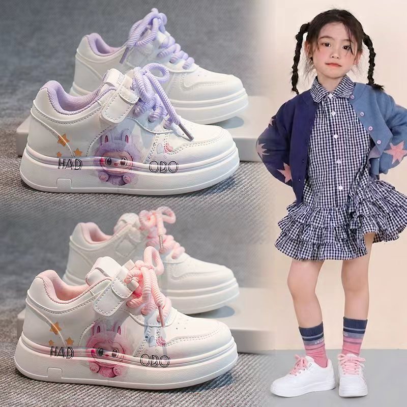 真皮女童卡通魔术贴防滑小白鞋