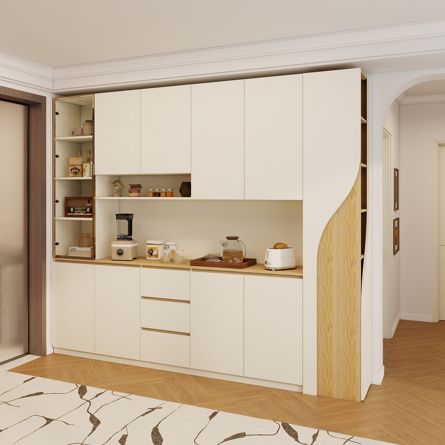 餐边柜靠墙一体储物柜简约奶油风小户型多功能实木茶水置物柜定制