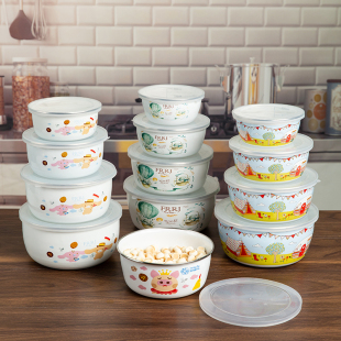 带盖搪瓷碗套碗儿童刻度碗冰箱密封保鲜碗厨房食品级收纳盒珐琅盆