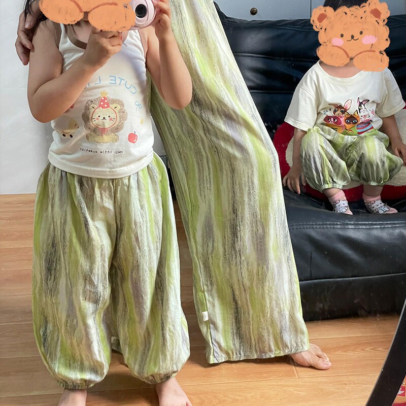 防蚊裤男宝女童宝宝夏薄款绵绸裤子婴儿人造棉灯笼裤亲子装休闲裤