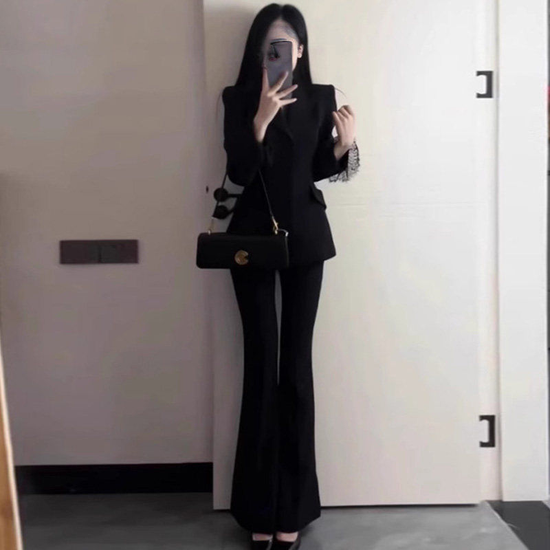 黑色蕾丝西装女春秋职业气质女装套装轻奢高级感女人味西服两件套