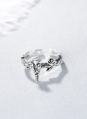 小鸟戒指神奇动物二次元复古做旧树枝上的雏鸟凤凰不死鸟戒指指环